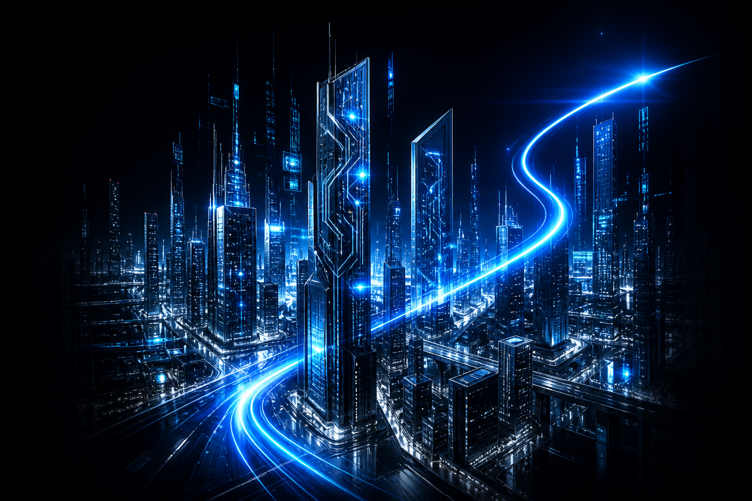 Cidade digital futurista com circuitos e energia ciano, no visual da LinuXis